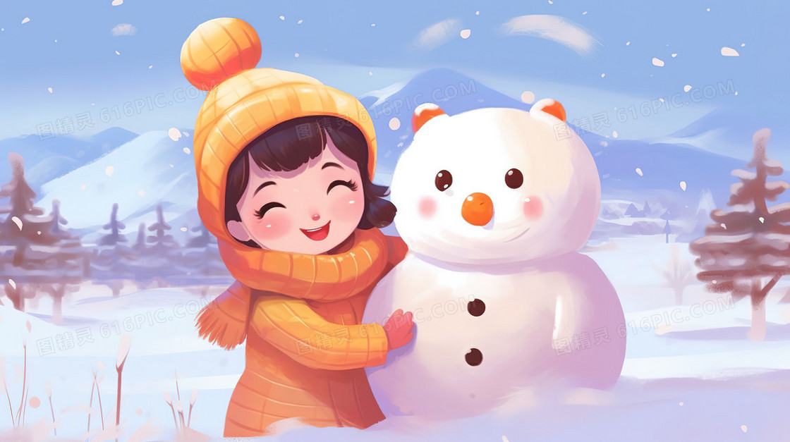 卡通风抱着小雪人的可爱女孩