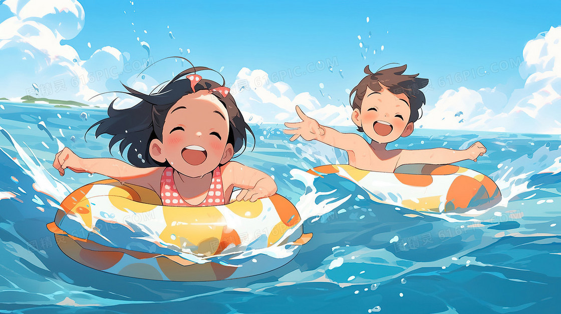 两个可爱的孩子在海边游泳