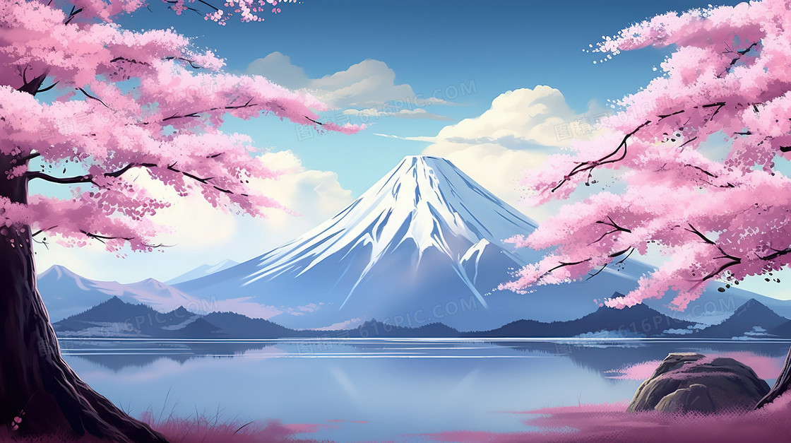 唯美粉色樱花和雪山