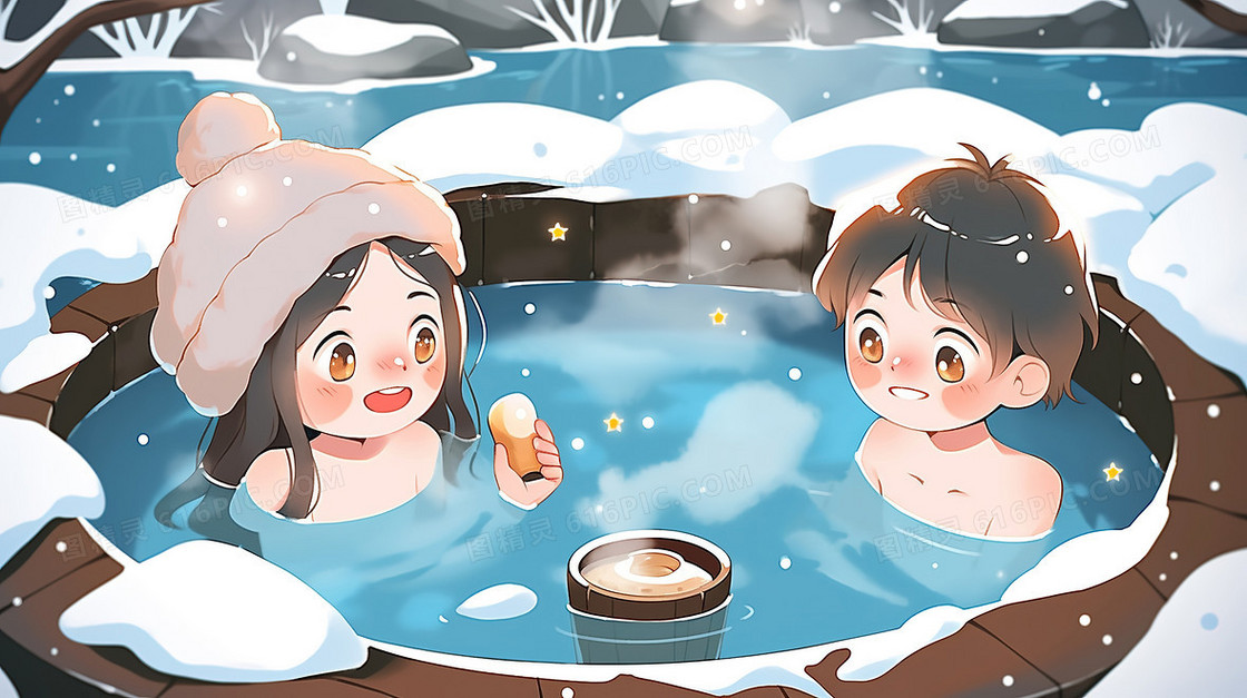 卡通风一对情侣在泡温泉
