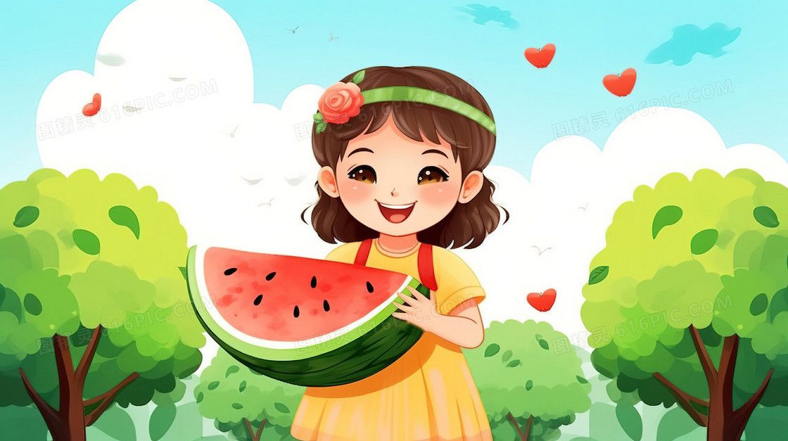 卡通女孩夏天抱着一块大西瓜