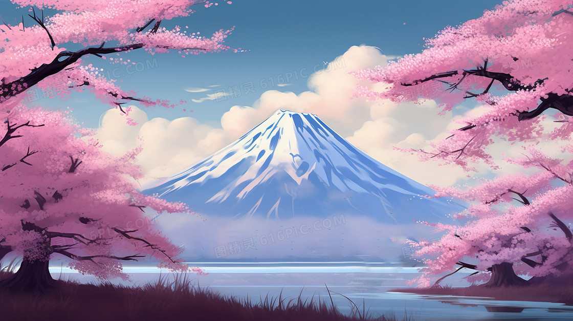 唯美粉色樱花和雪山