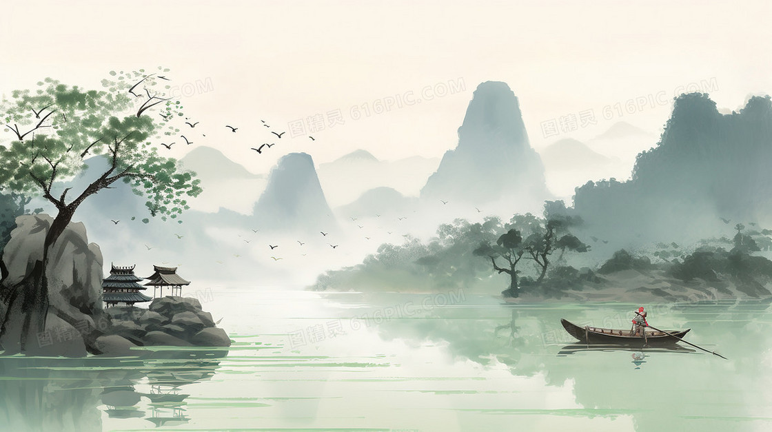 中国风春季水墨山水景色