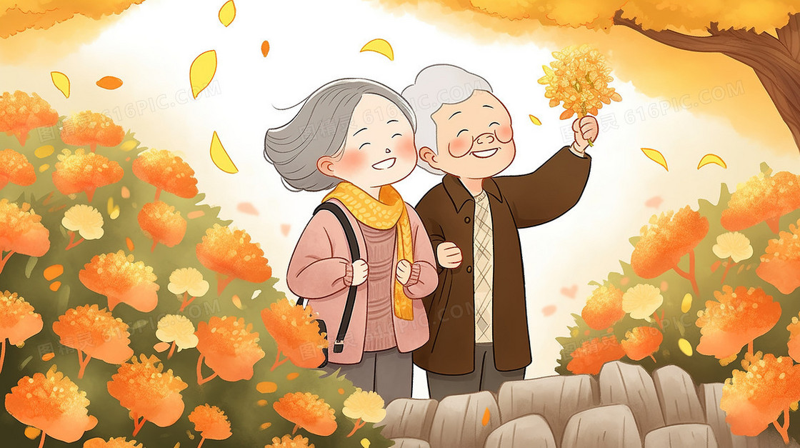 两个老人在重阳节登高赏菊