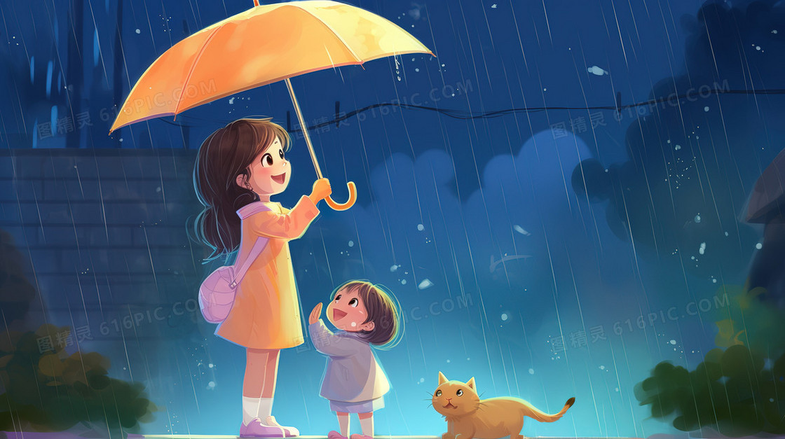 卡通风可爱的女孩和妹妹的淋雨