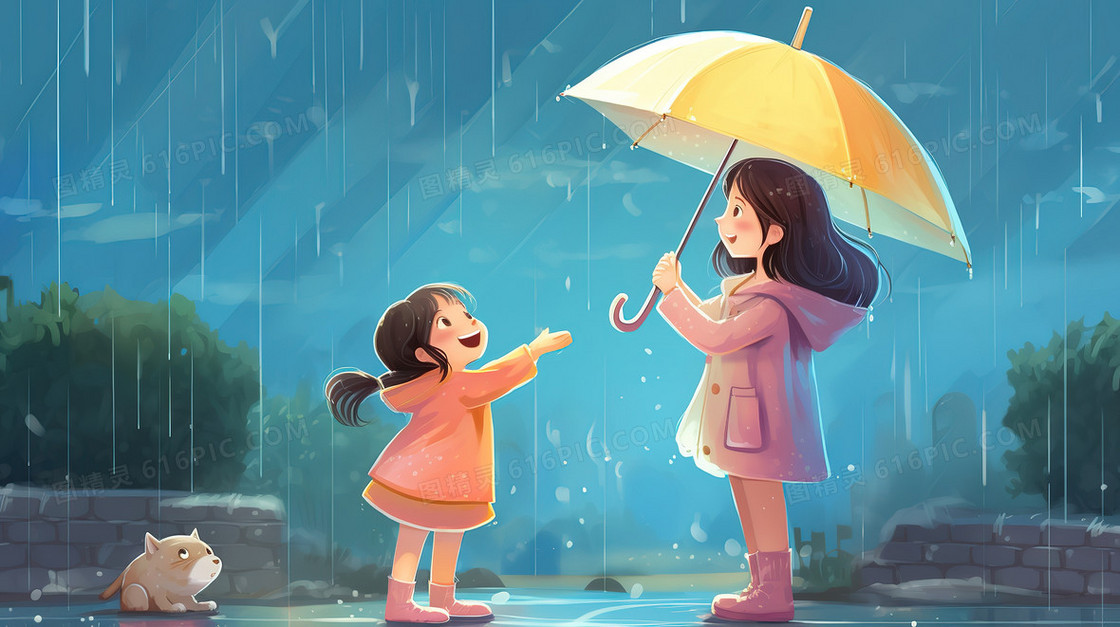 卡通风可爱的女孩和妈妈的淋雨
