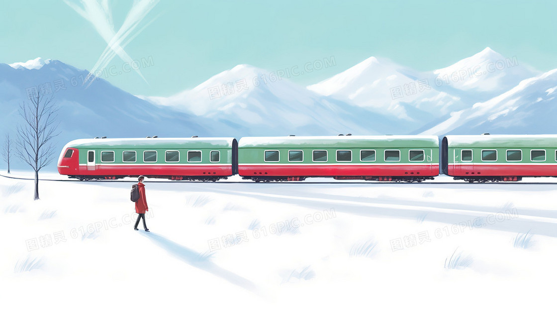卡通雪景动车旁行走的路人
