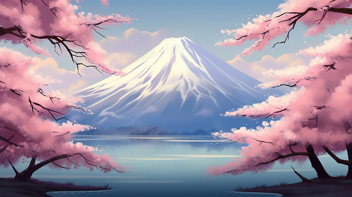 唯美粉色樱花和雪山