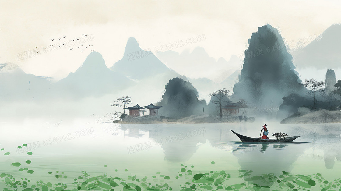 中国风春季水墨山水景色