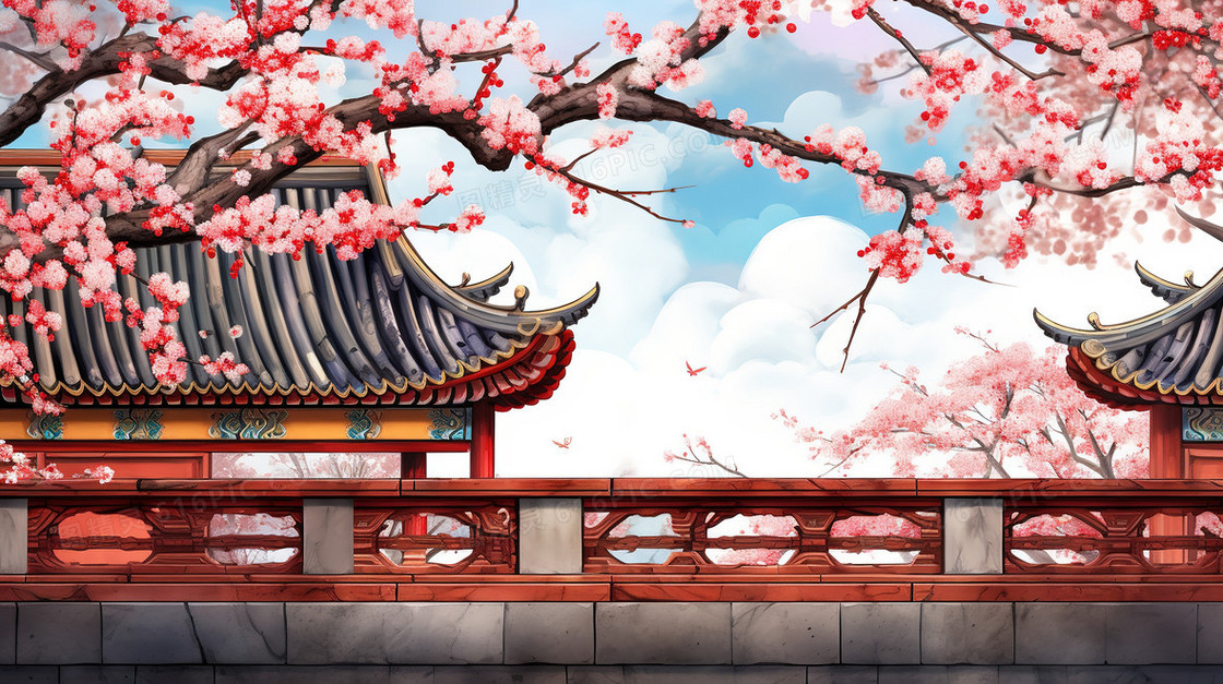 中国风古典城墙外的樱花