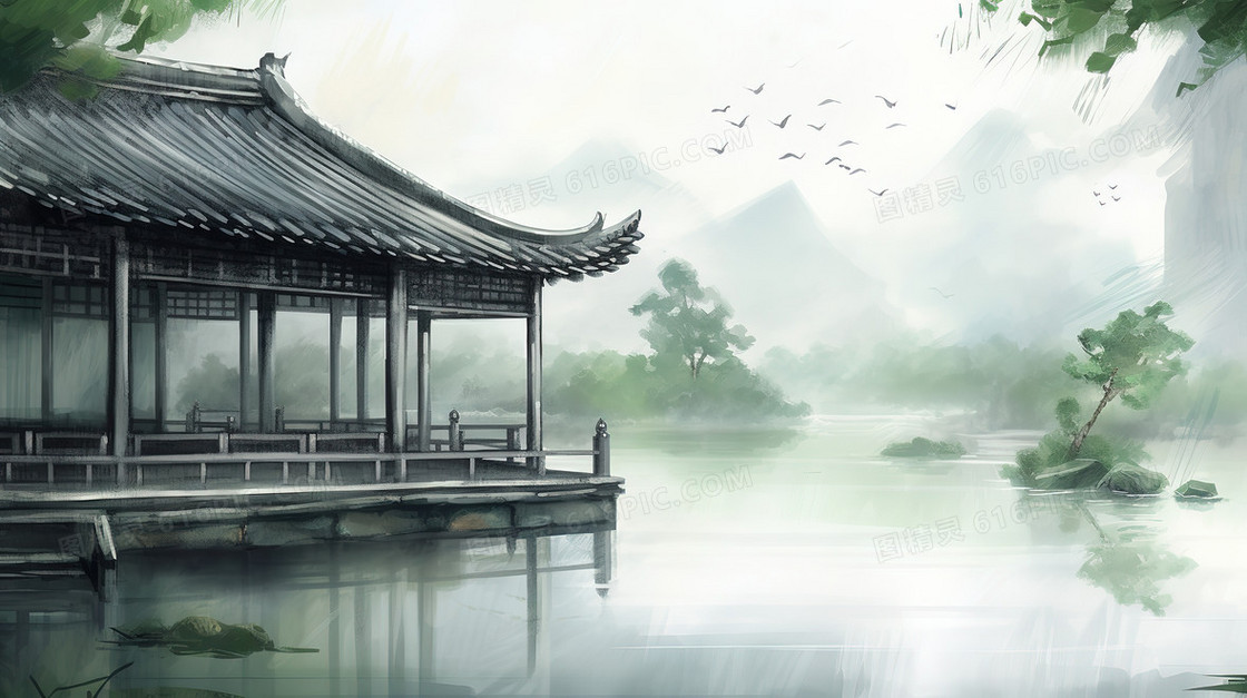 中国风湖水和复古小亭子