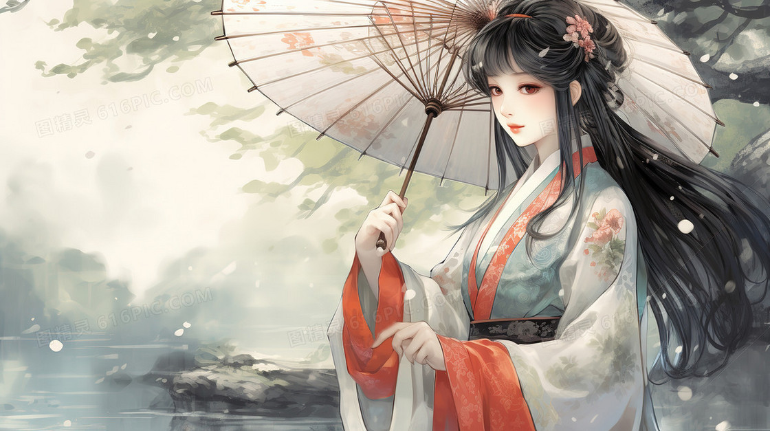 中国风唯美清明节撑着伞的古典美女