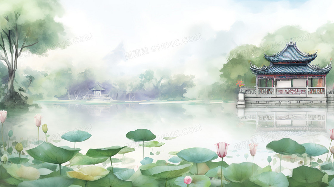 中国风水墨画夏日荷塘湖景和古典凉亭