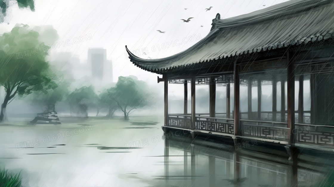 中国风湖水和复古小亭子