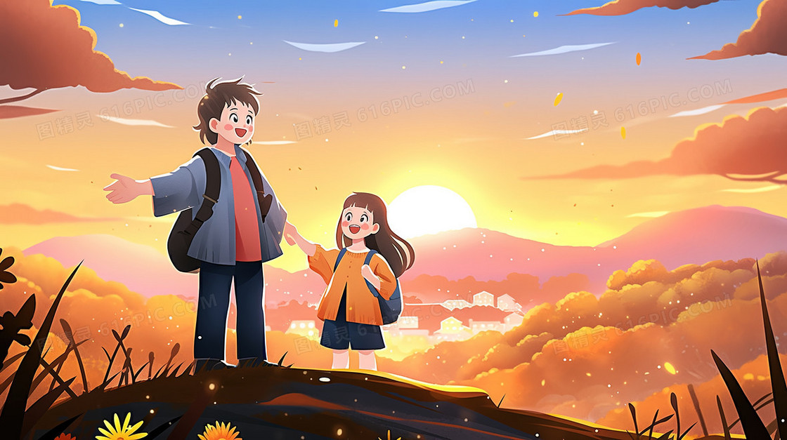 秋季霜降重阳登高旅行带着小孩的哥哥创意插画