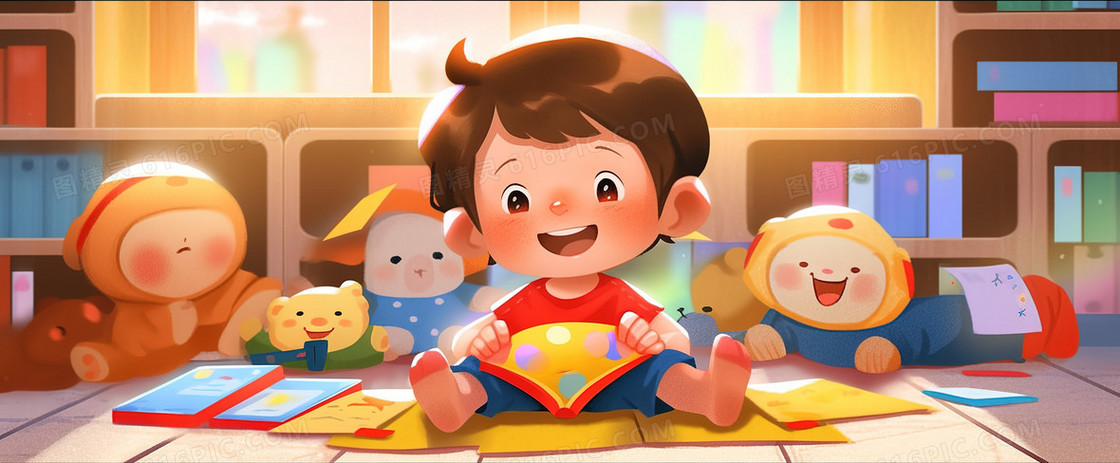 儿童节可爱的小男孩在看书插画