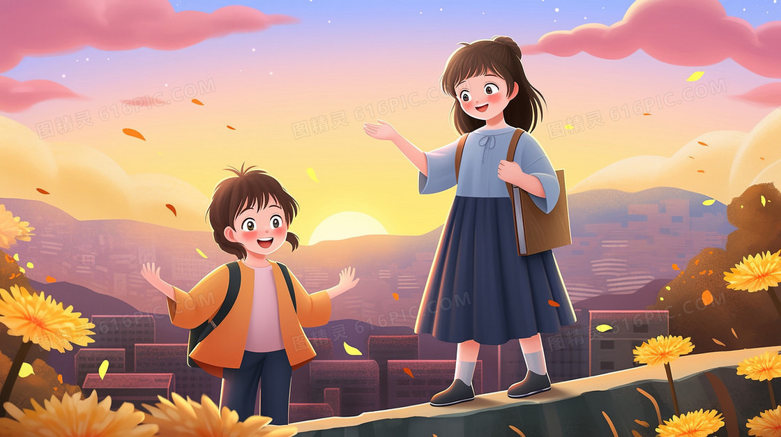 秋季霜降重阳登高旅行带着小孩的姐姐创意插画