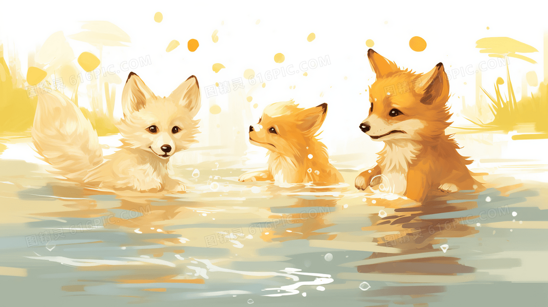 彩色水池边的小动物插画