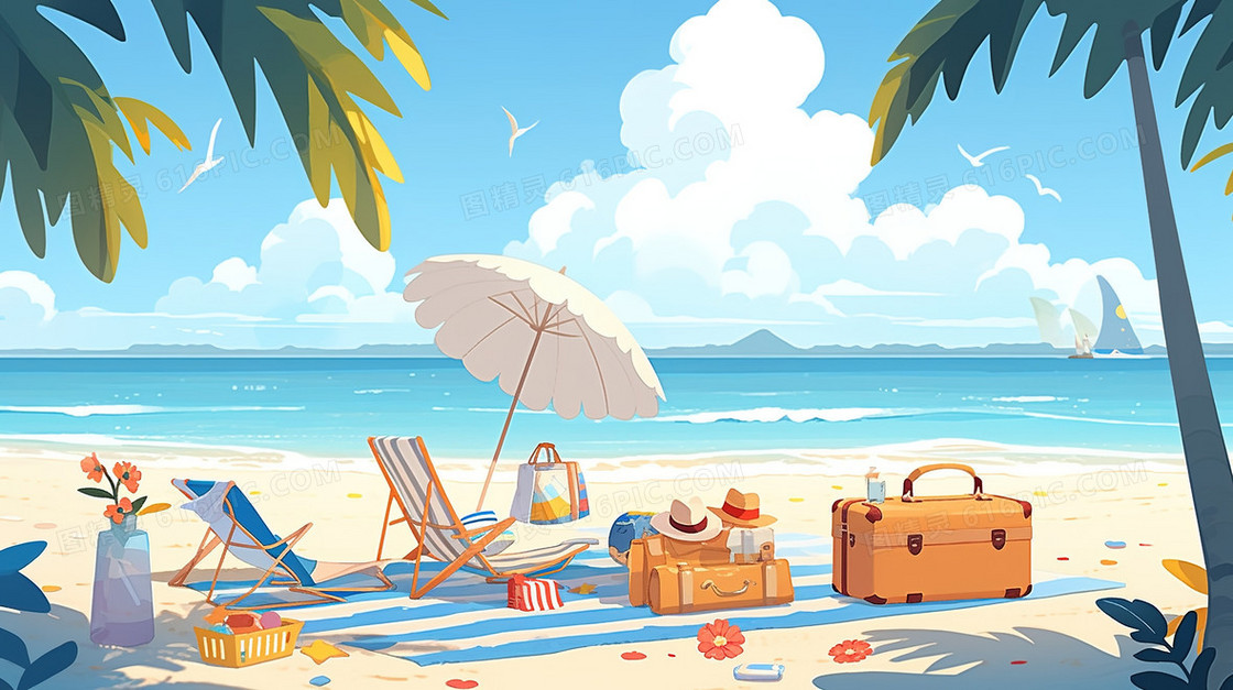 小暑夏日沙滩度假插画