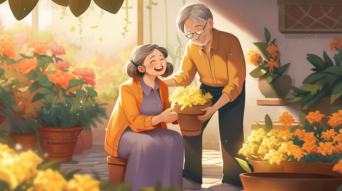 重阳节老人种植菊花并欣赏花开时刻创意插画