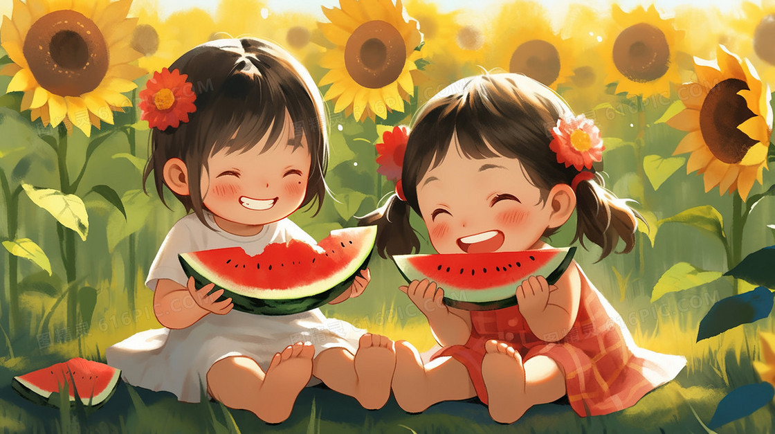 夏日在向日葵花丛中吃西瓜的小孩子插画