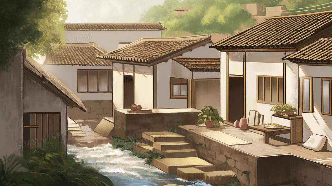 中国农村旧房子插画