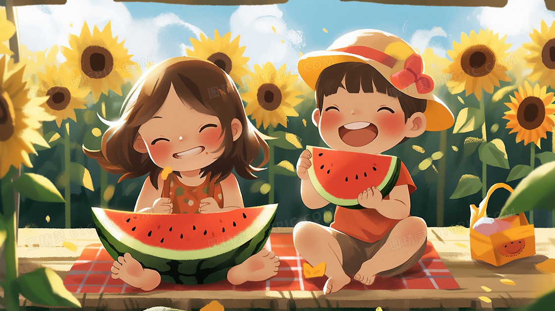 夏日在向日葵花丛中吃西瓜的小孩子插画