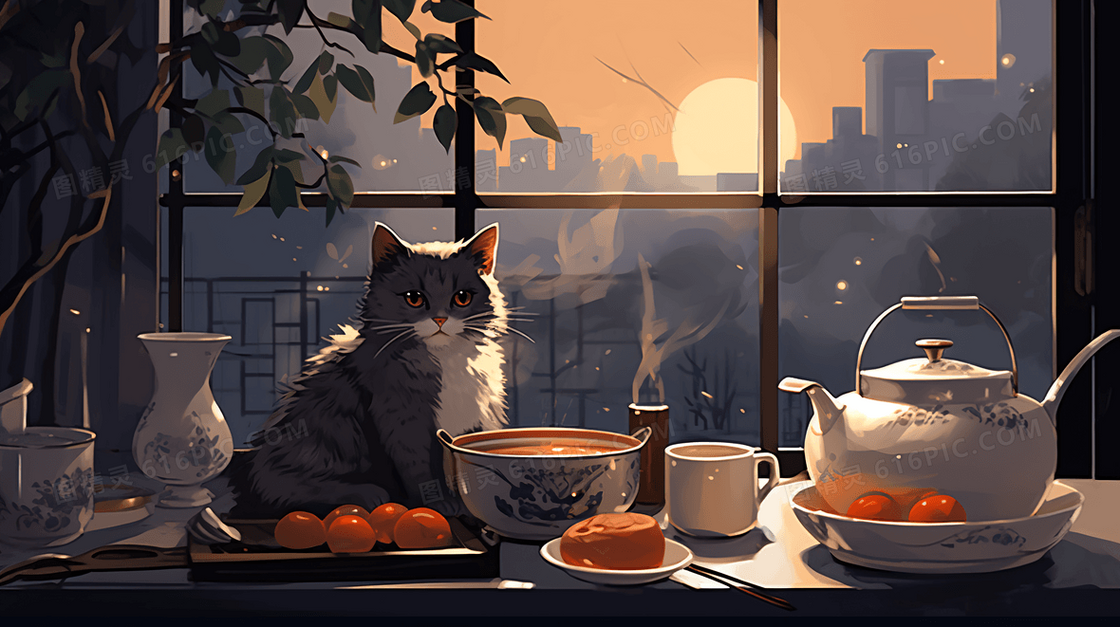 秋天猫咪室内唯美窗外看风景插画