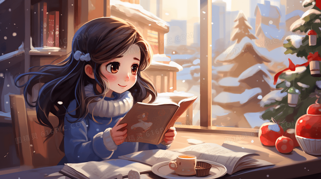 冬天室内温暖女孩窗边读书插画
