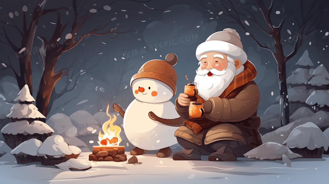 冬天卡通圣诞老人雪地烤火插画