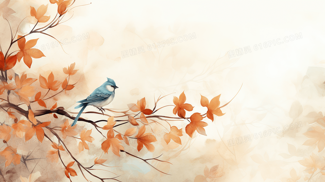 中国风唯美枝头鸟儿风景插画