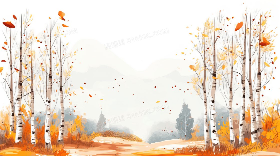 唯美秋季白桦林风景插画