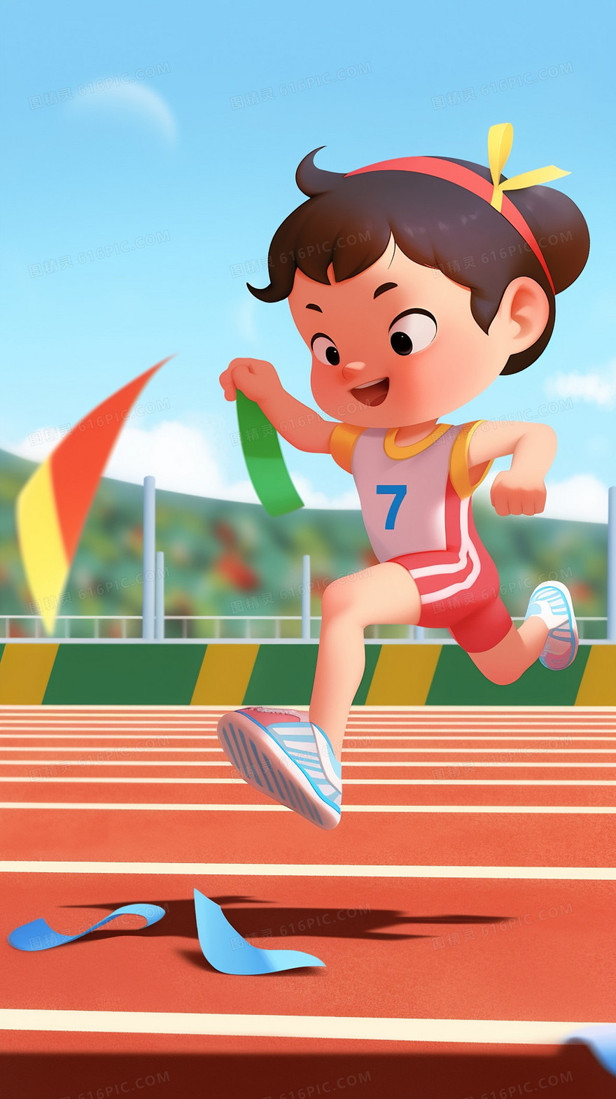 学校运动会赛场上努力向前奔跑的孩子特写插画
