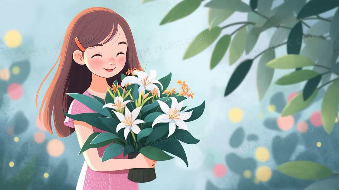 手捧鲜花的可爱女生清新插画