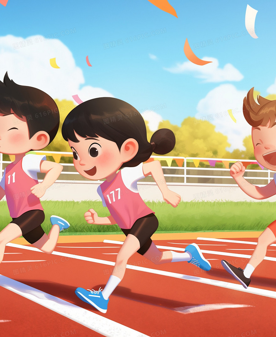 学校运动会赛场上努力向前奔跑的孩子特写插画