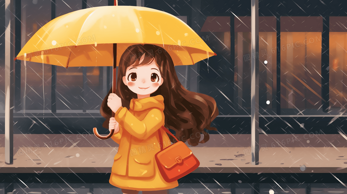 彩色下雨天等公交车的女孩插画