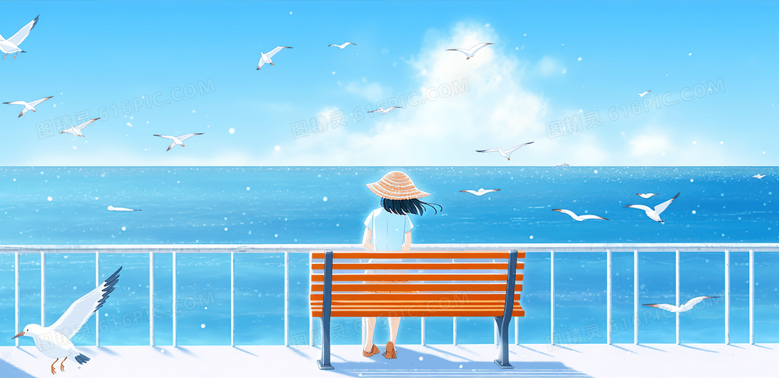 夏天小伙伴们在海边奔跑插画