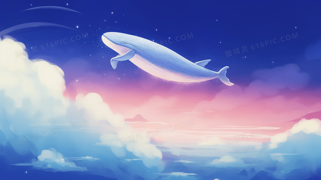 唯美梦幻空中的鲸鱼插画
