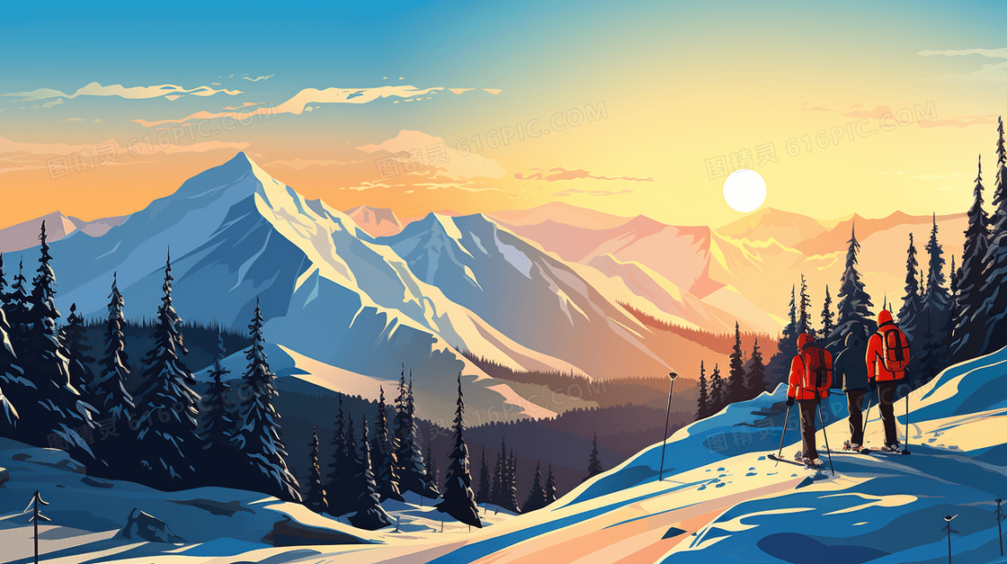冬天爬雪山雪景风景下雪人物登山滑雪插画