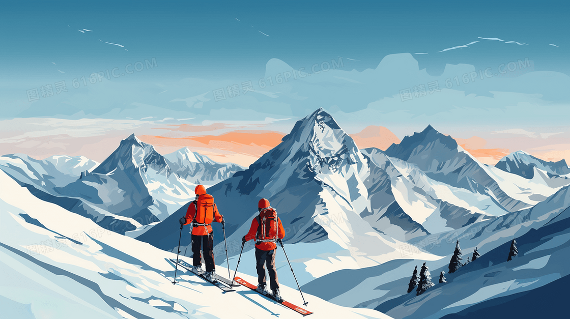 冬天爬雪山雪景风景下雪人物登山滑雪插画