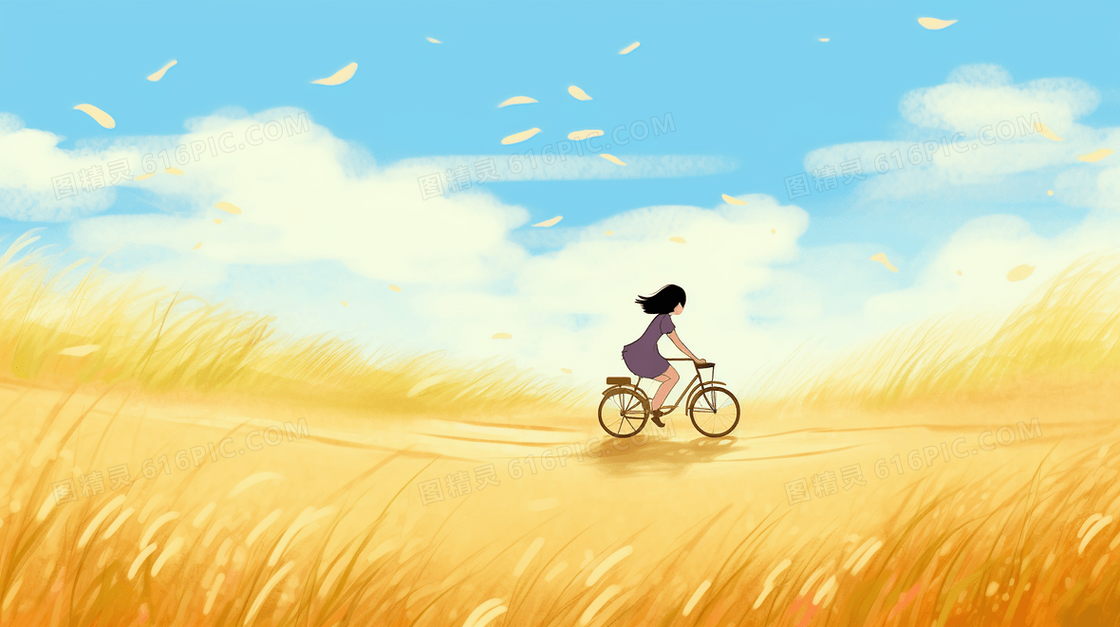 在田野中骑自行车的小姑娘插画