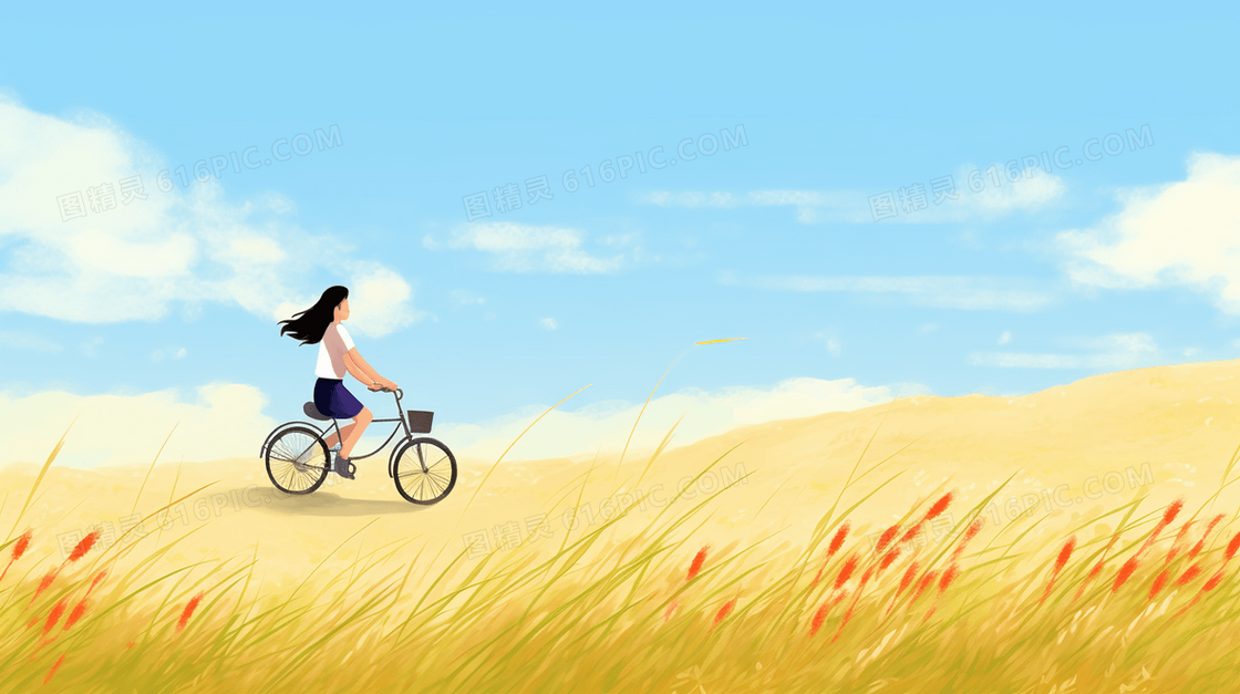 在田野中骑自行车的小姑娘插画