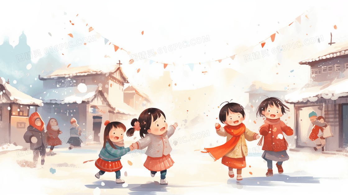 冬季新年寒假回老家玩耍的孩子插画