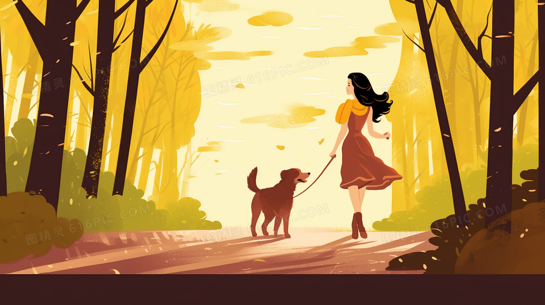 秋季树林里遛狗的女人插画