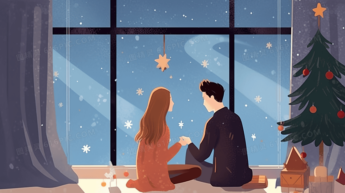 圣诞节窗前的情侣插画