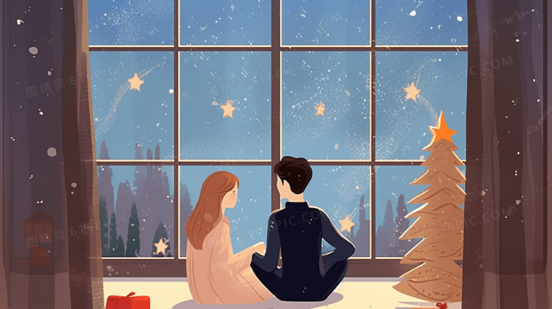 圣诞节窗前的情侣插画