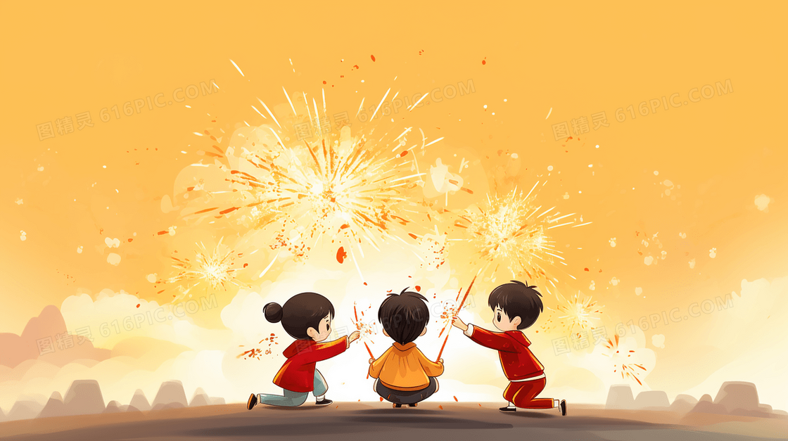 春节放烟花的小朋友插画