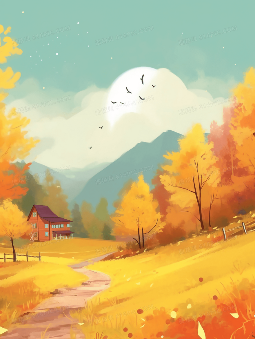 秋季树林中的小路风景插画