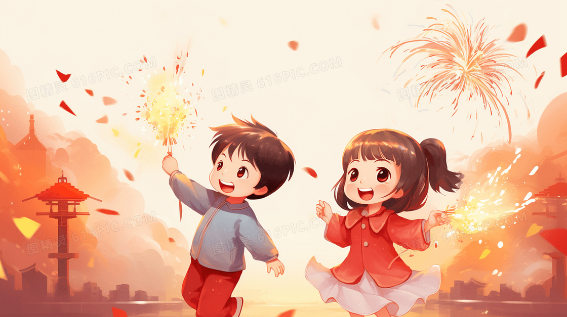 春节放烟花的小朋友插画