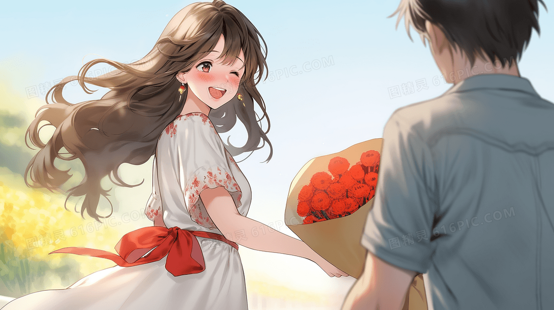 女孩受到男朋友送的鲜花很开心创意插画